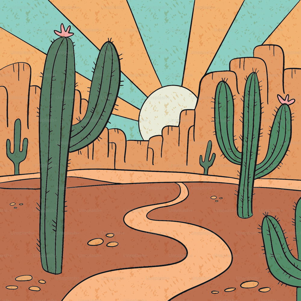 Arizona desert landscape linear graphic print for apparel, t shirt, sticker, poster, wallpaper and others. Coloured sketch of cactus, sunset and canyon. Outline vector hand drawn illustration