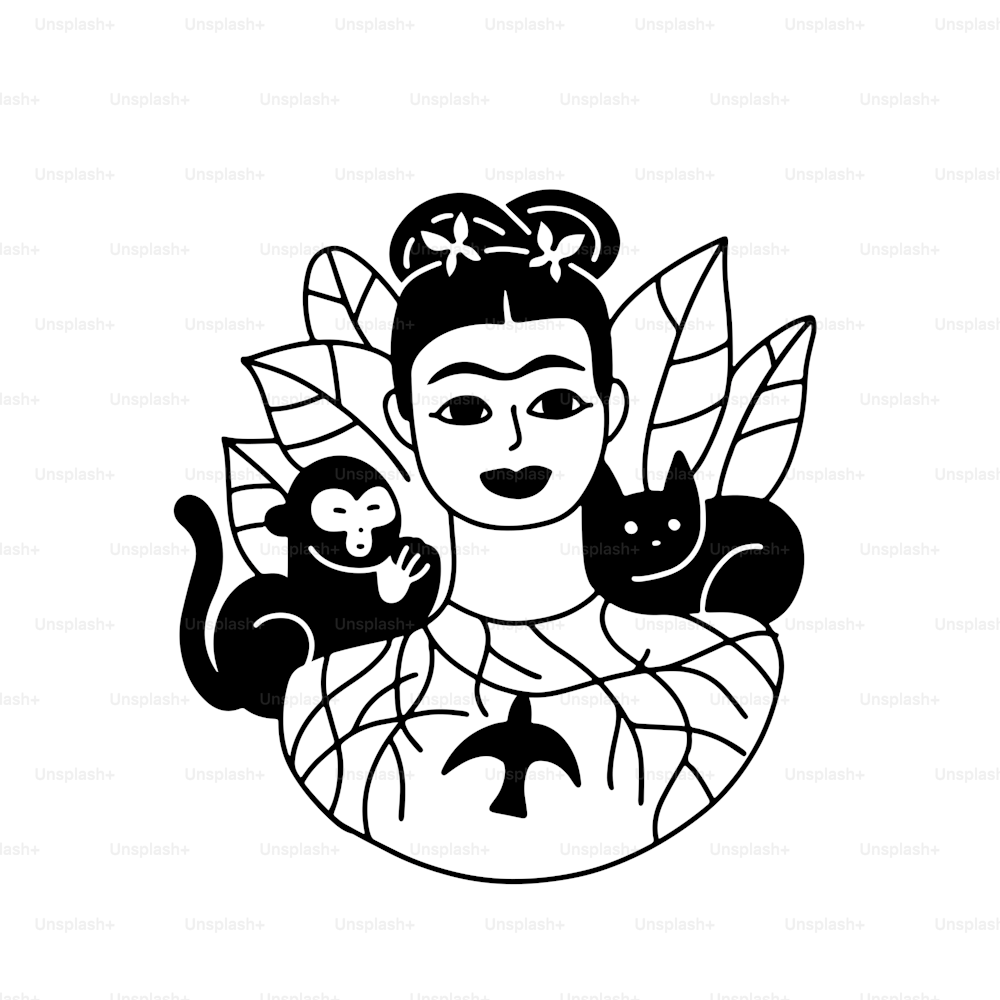 Doodle portrait of Frida Kahlo with cat and monkey, linear hand darwn vector illustration isolated, hipster portrait of Mexican or Spanish woman