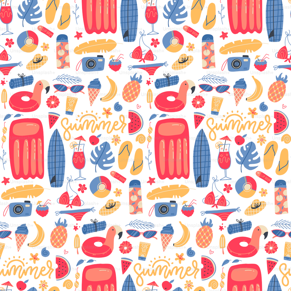 Summer vacation holiday icons seamless pattern. Bright beach relaxation elements. Vector flat hand drawn Illustration.