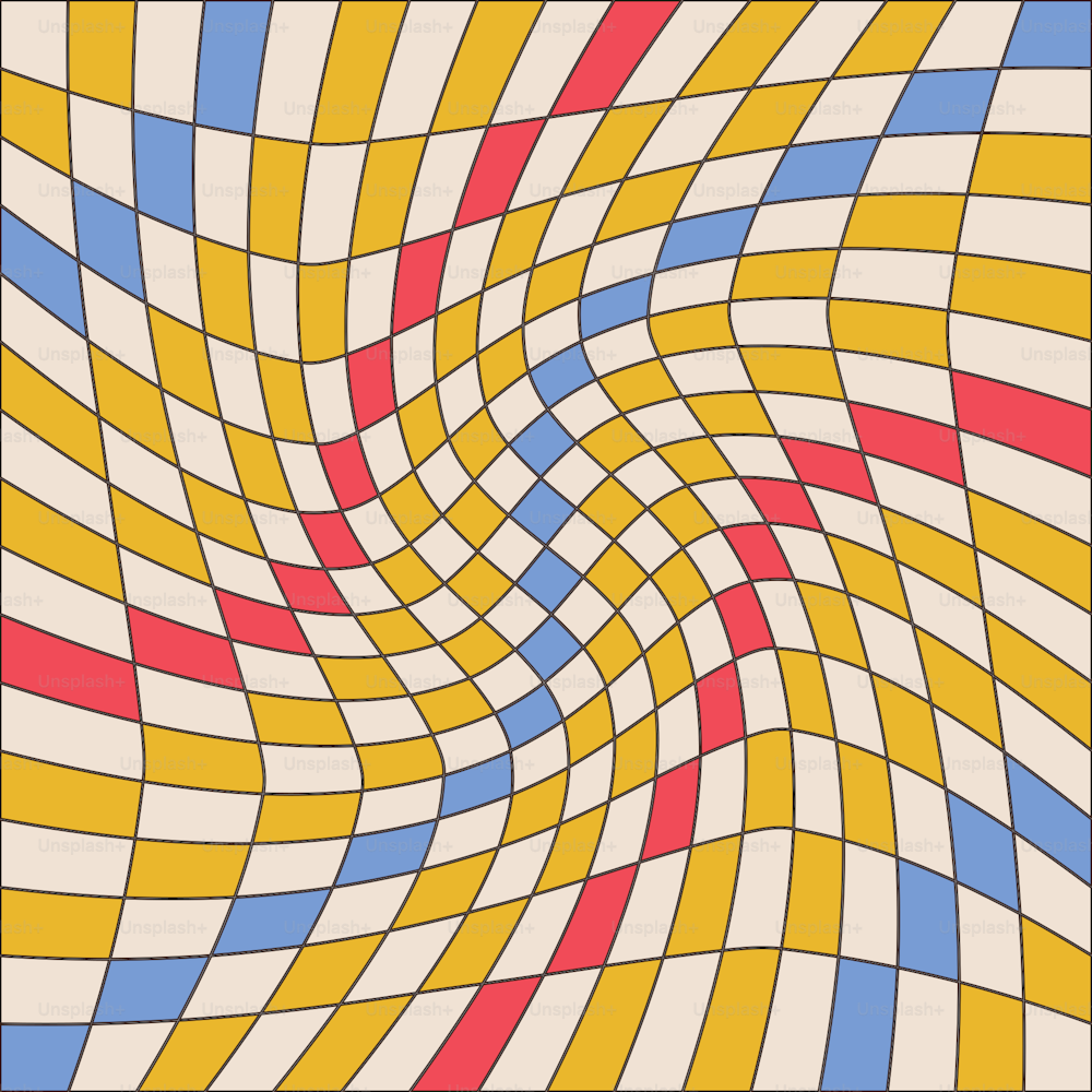 Twisted checkered colorful background with linear contour. Abstract vector cell pattern in 70s groovy style. Retro wavy psychedelic checkerboard backdrop.