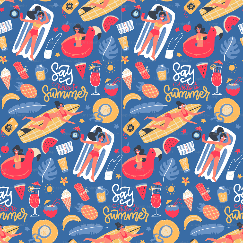 Cute summer time bright cartoon seamless pattern with sea vacation icons isolated on blue background. background with tanned girls. Flat vector illustration