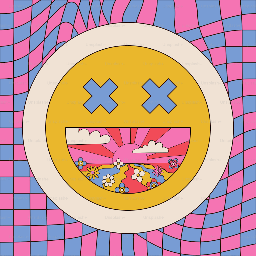 Card with bog smile face and groovy landscape in open mouth. Vector cartoon linear illustration. Smiley face with trippy lsd acid print for t-shirt, poster, sticker.