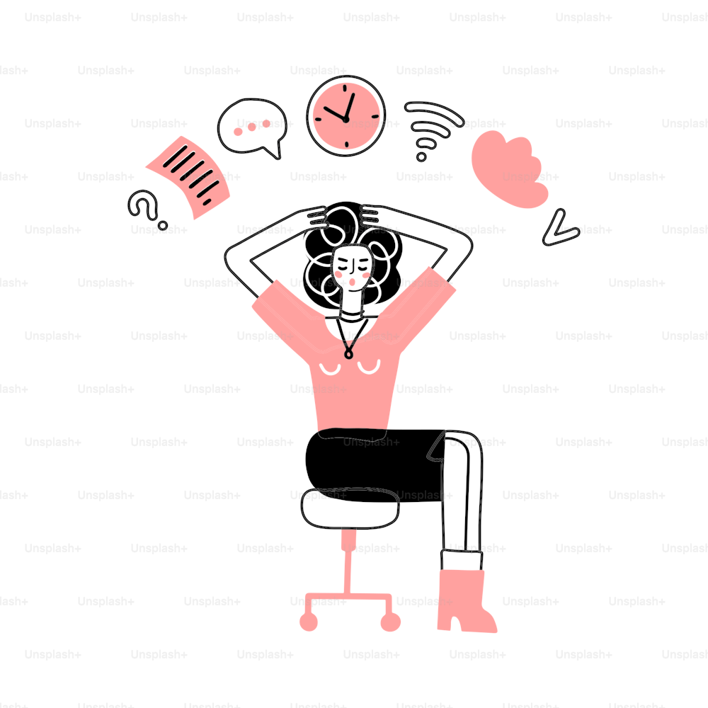 Multitasking business woman sitting at office chair. female manager professional grabs herhead . Office busy work doodle hand drawn vector concept