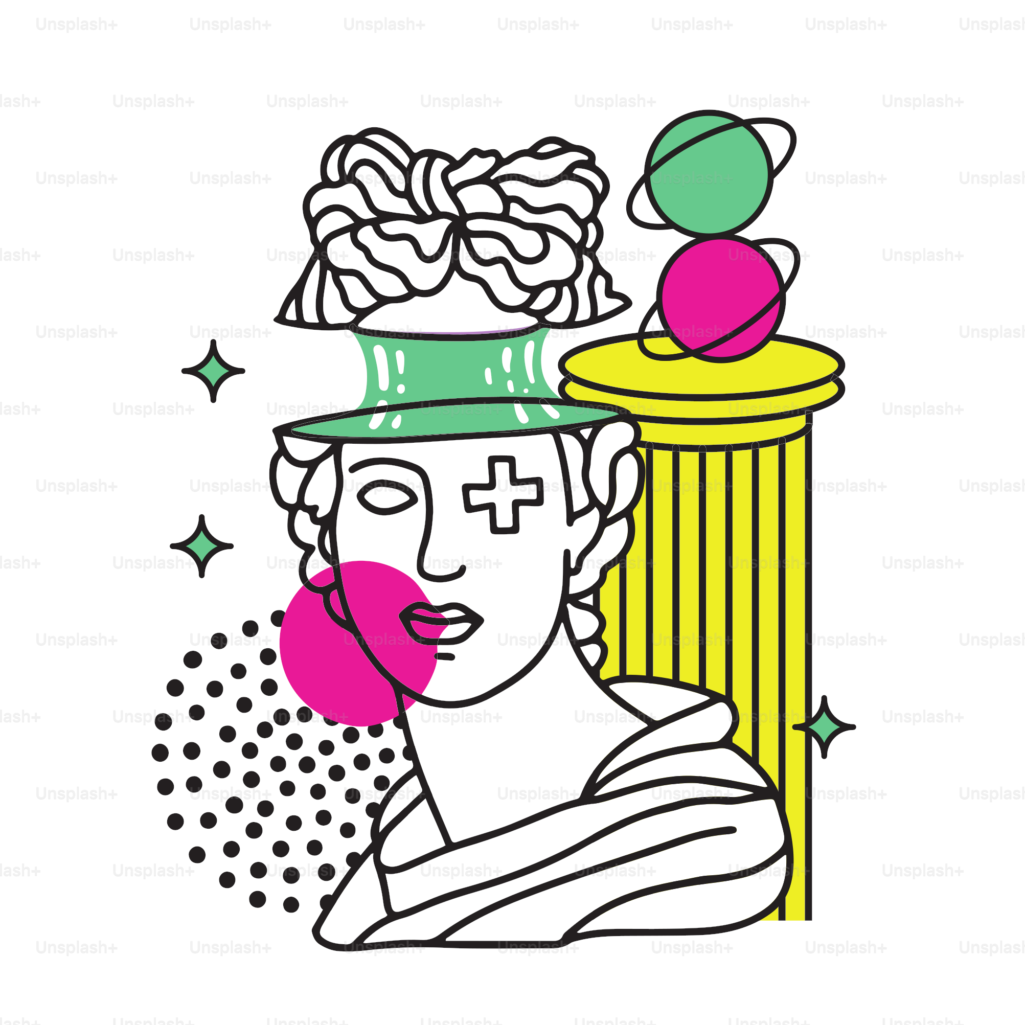 Isolated Trippy psychedelic greek sculpture with trippy metaphor. Collage with greek statue vector creative poster. y2k vector illustration