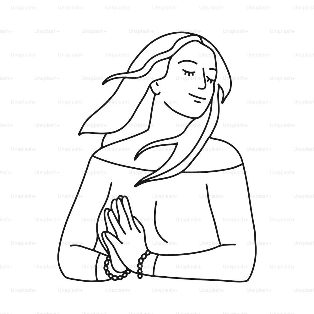 Mono line drawing of happy woman holding namaste gesture hands. A girl's hair flutters in the wind. Linear vector illustration.