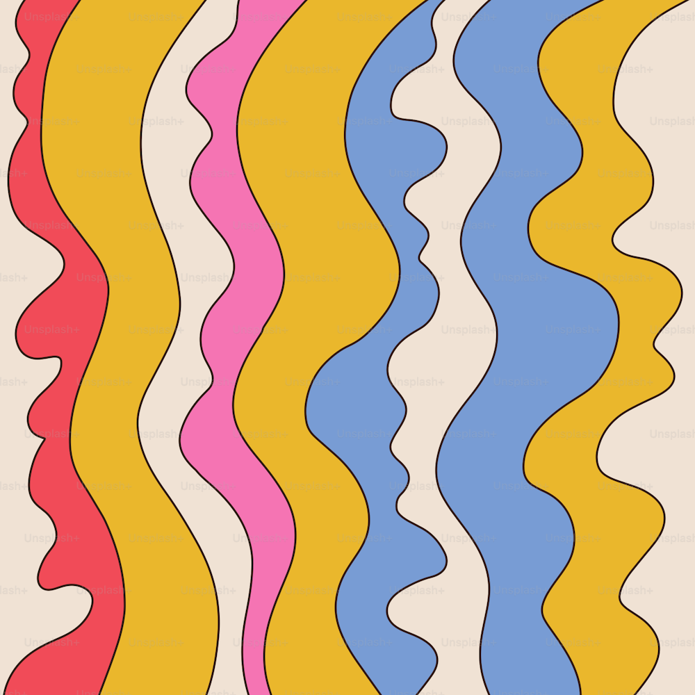 Fundo da década de 1960 com linhas líquidas groovy. Cenário estilo Vvintage com listras retrô rosa, laranja, roxo e amarelo. Cartaz, cartão presente, camiseta, papelaria. Ilustração vetorial linear desenhada à mão