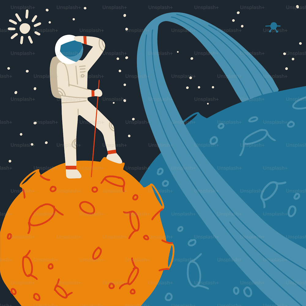 Red Planet with astronaut. Space tourism concept. Vector flat hand drawn illustration