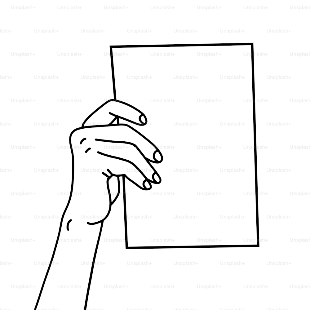 Uma mão segurando folha de papel A4 desenhada à mão com linha fina. Apresentação de documento, mostrando memorando, modelo para imagem. Ilustração linear preta do vetor isolada no fundo branco.