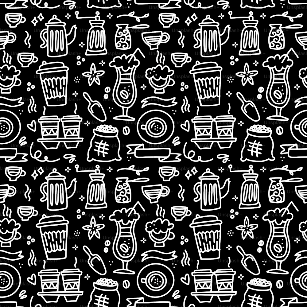 Seamless patterns with coffee set - cup, coffee mill , pot on black chalkboard. Ideal for printing onto fabric and paper or scrap booking. Linear doodle vector illustration
