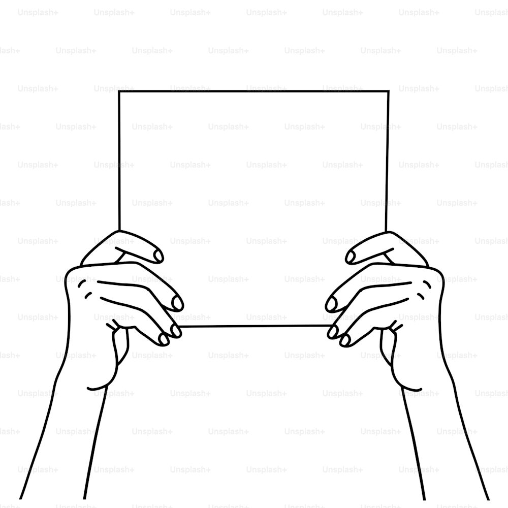 Duas mãos segurando uma folha de papel em branco. Ilustração vetorial linear desenhada à mão de uma mão mostrando cartaz em branco