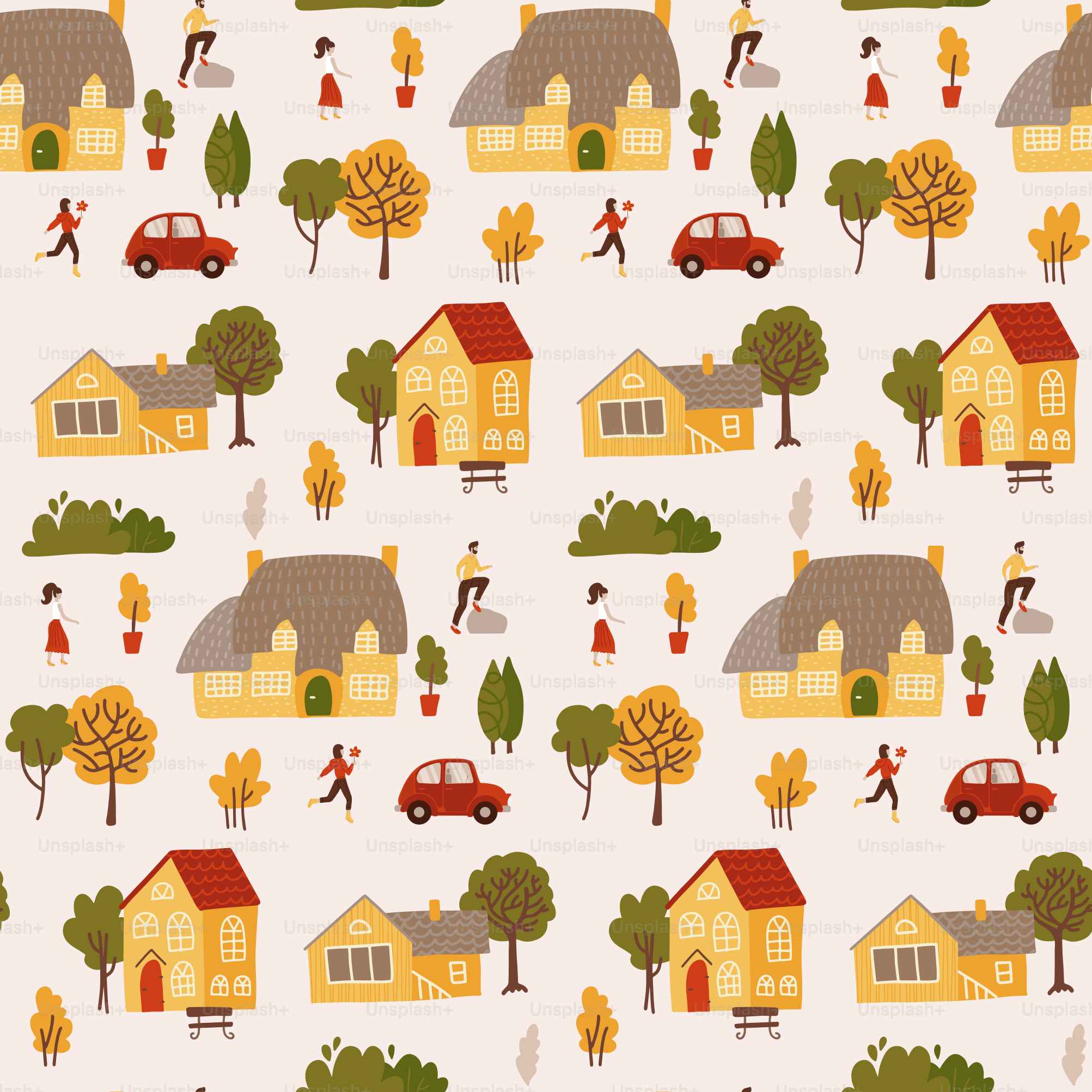 Winzige Menschen, umgeben von Häusern und Bäumen nahtloses Muster. Sommerliche ländliche Landschaft. Flache Vektorillustration