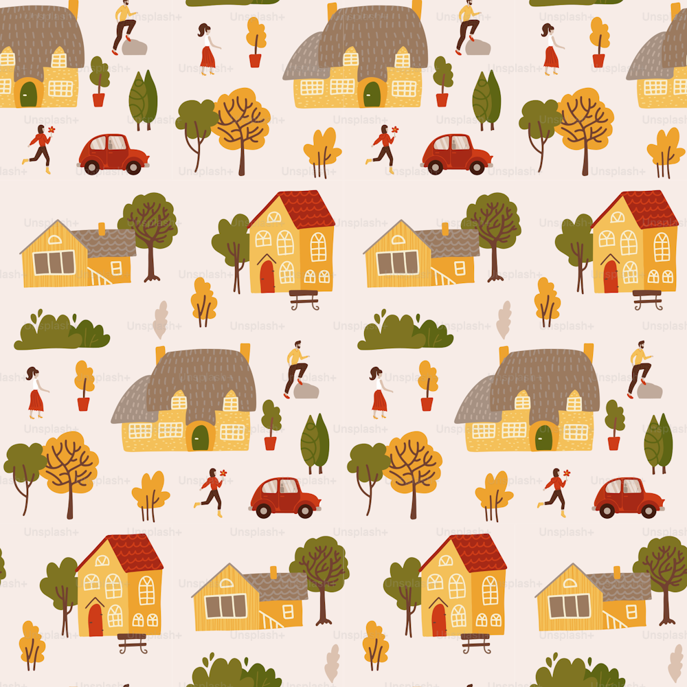 Gente diminuta rodeada de casas y árboles patrón sin costuras. Paisaje campestre de verano. Ilustración de vector plano