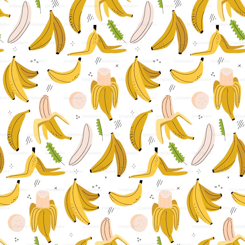 Patrón de plátanos sabrosos vitamínicos. Comida tropical vegetariana de fondo orgánico. Dibujo de plátano exótico. Deliciosa cubierta de verano en la playa