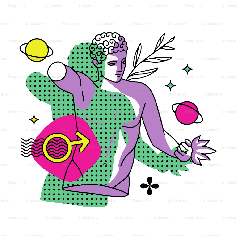 Trippy male character, greek ancient statue with planet and surreal elements. Vector linear illustration in trendy psychedelic weird y2k style