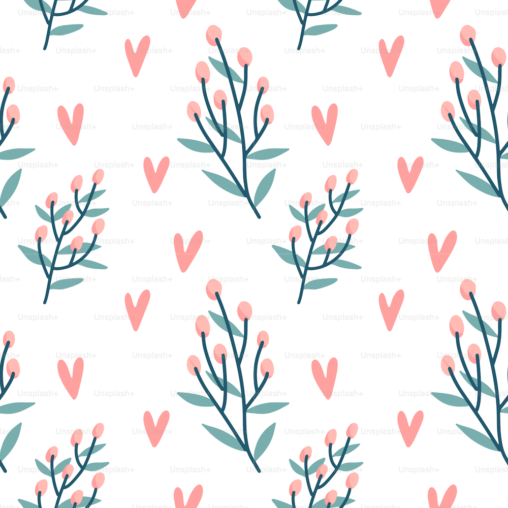 Seamless pattern of hearts, holly berries branch on a transparent background. Vector hand drawn illustration