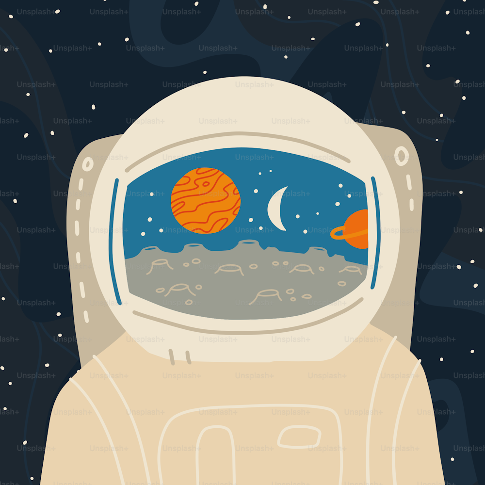 Astronaut close-up. Reflection in the helmet of the alien planet landscape with satellites. Vector flat hand drawn illustration