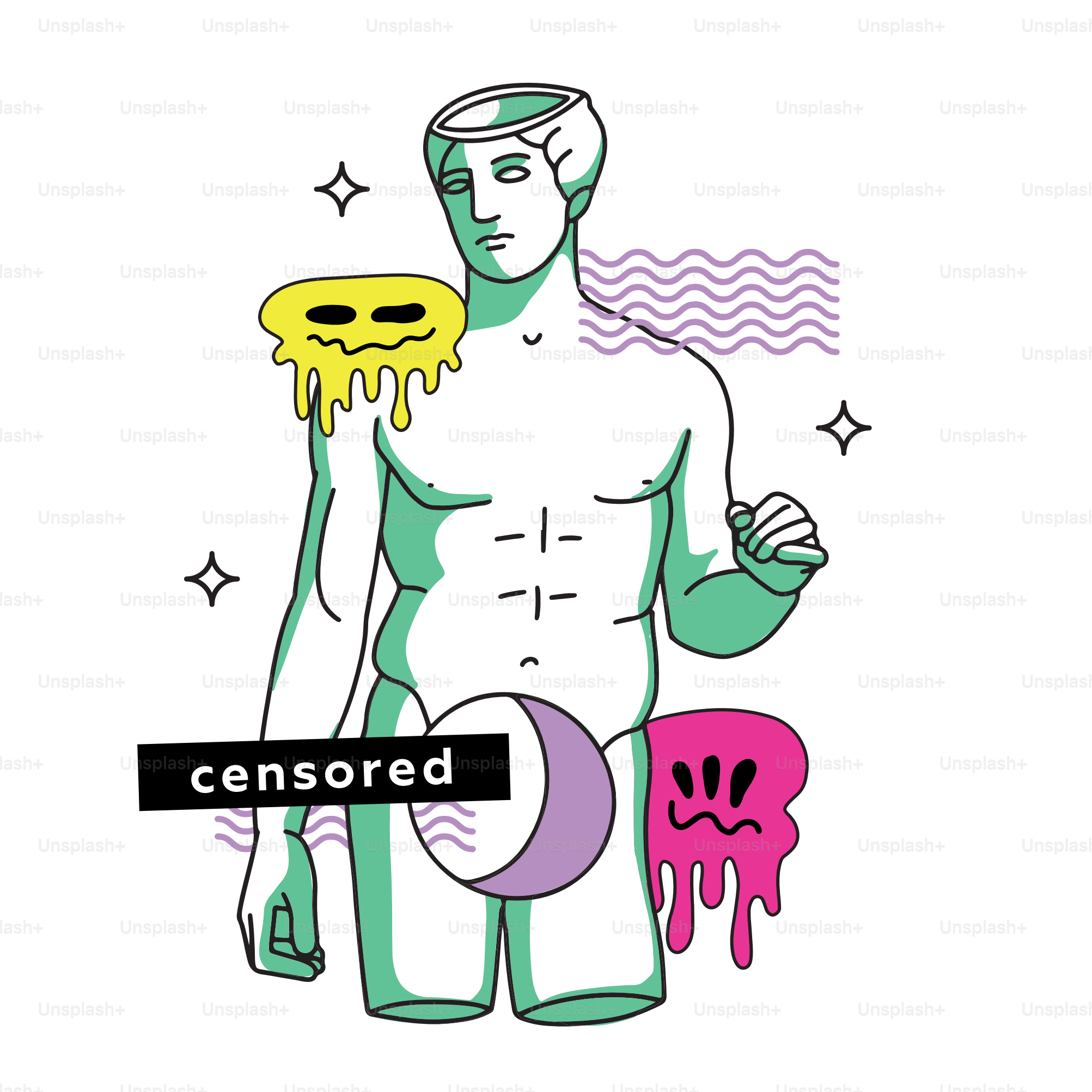 Colagem psicodélica surreal com uma colorida escultura grega antiga com buraco no estômago e emoji derretendo, decoração abstrata. Ilustração vetorial de desenho animado em estilo psicodélico moderno e psicodélico