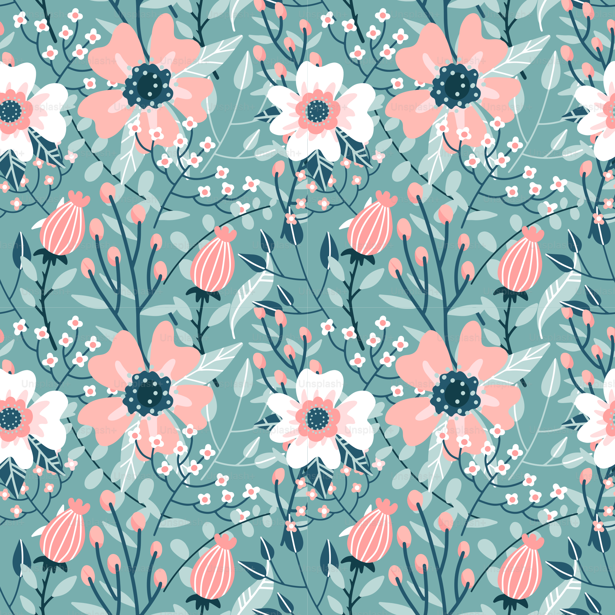 Motif élégant et sans couture avec fleurs, bourgeons et branches roses, illustration vectorielle dessinée à la main