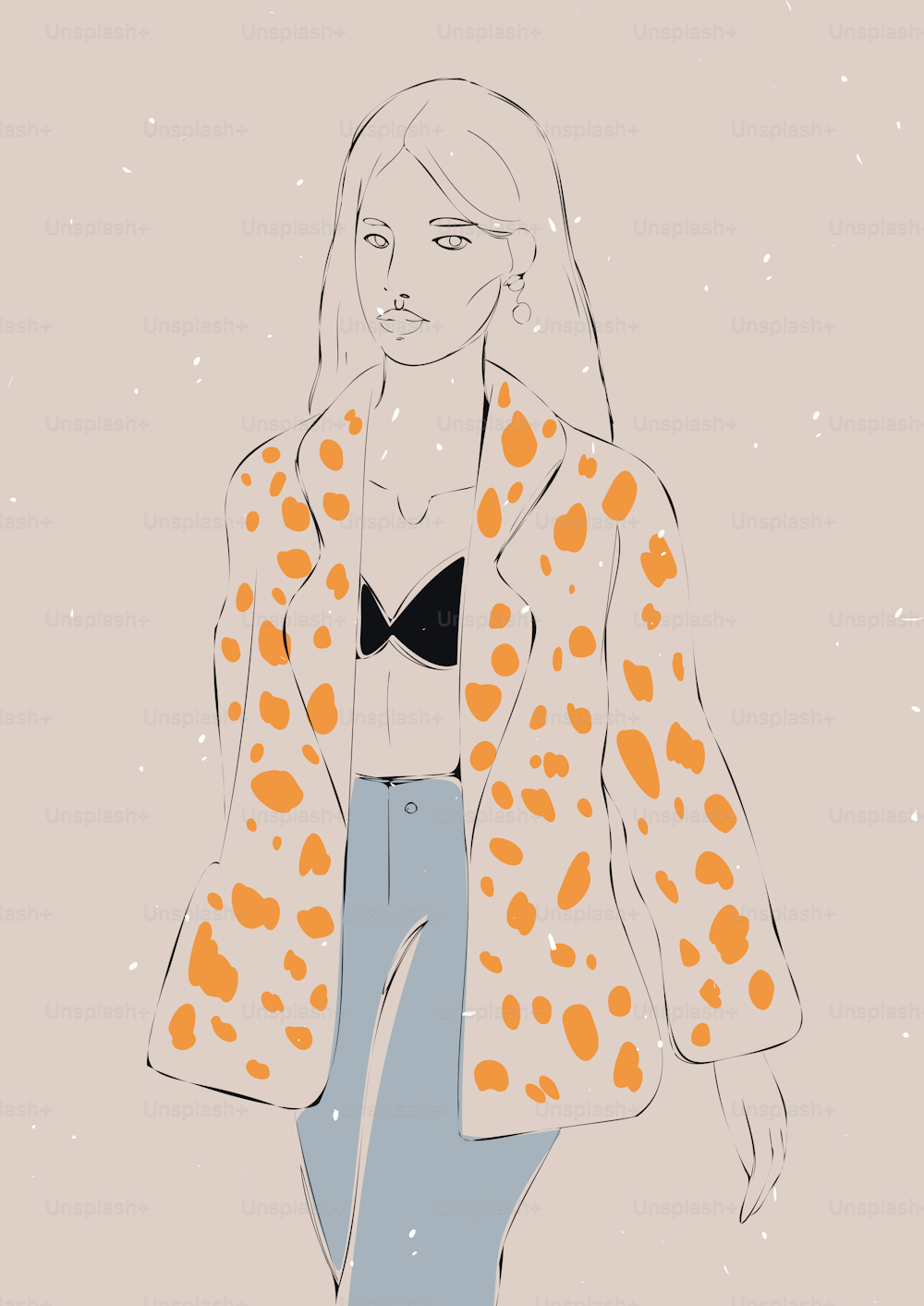 Young beautiful women, hand-drawn in black ink, charcoal. Models in fashionable clothes with different minimalistic patterns. Vector graphics. People in trendy clothes.