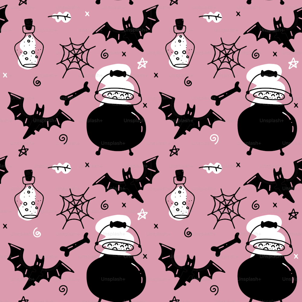 Halloween seamless pattern for girls. Endless pattern for background, scrapbook, wrapping paper, wallpapers. Black and pink- cauldron , spider web , glass flask, bat and witch attributes