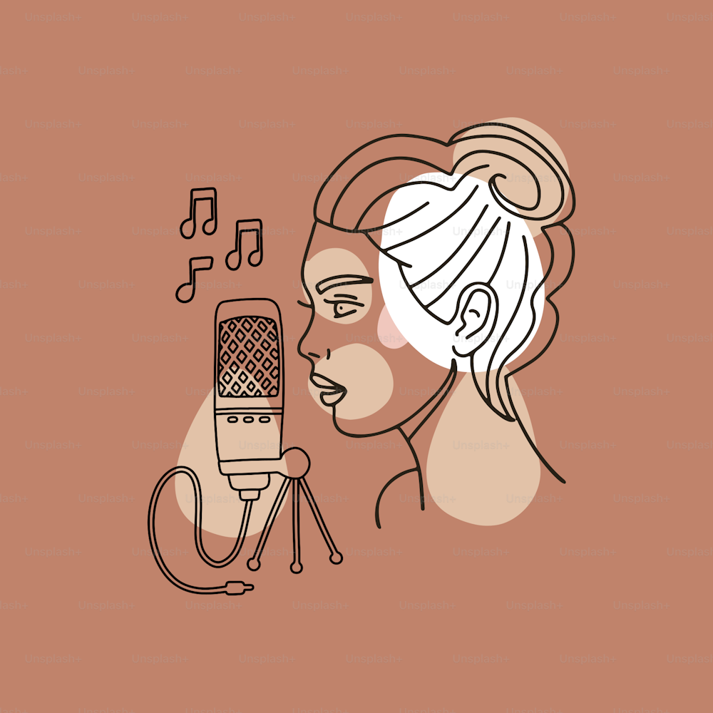 Illustration of a Girl Silhouette Holding a Retro Microphone Singing a Song