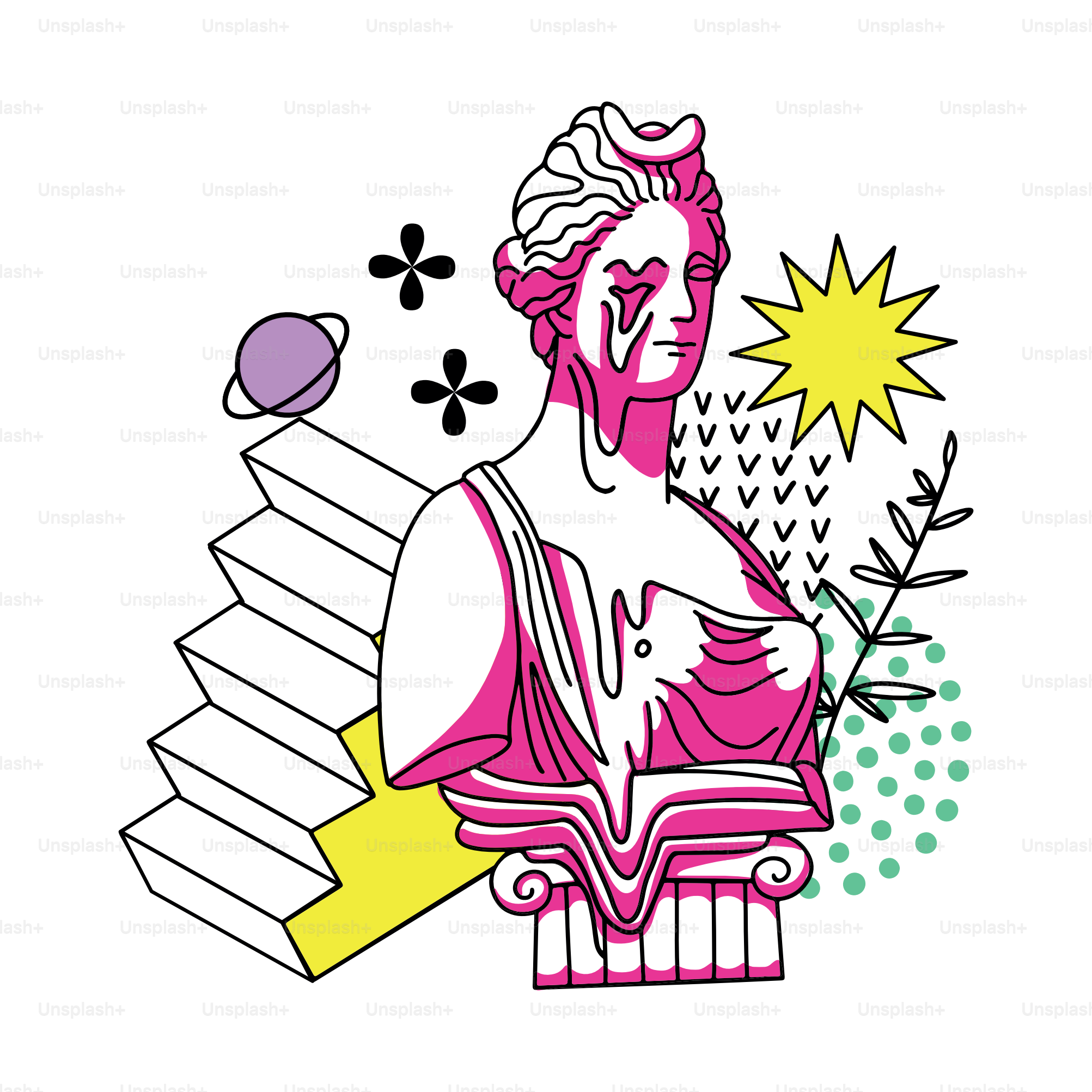 Um busto clássico com tinta rosa derretendo, escadas, ícones de planeta e sol