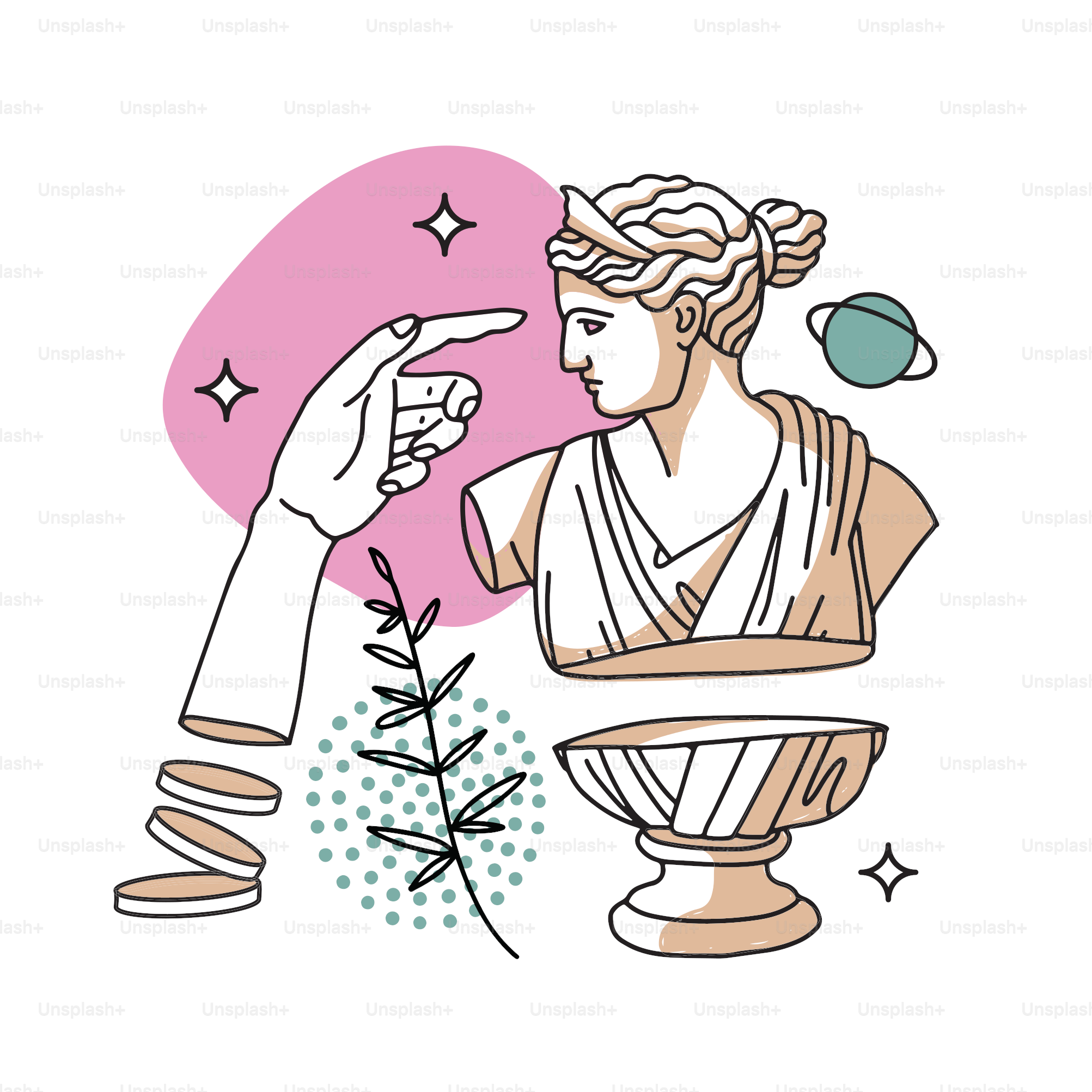 Silhouettes of Female Greek trippi sculpture. Surreal and antique elements of isolated concept. Contour vector illustration with abstract spots and dots. Style of the 1990s.