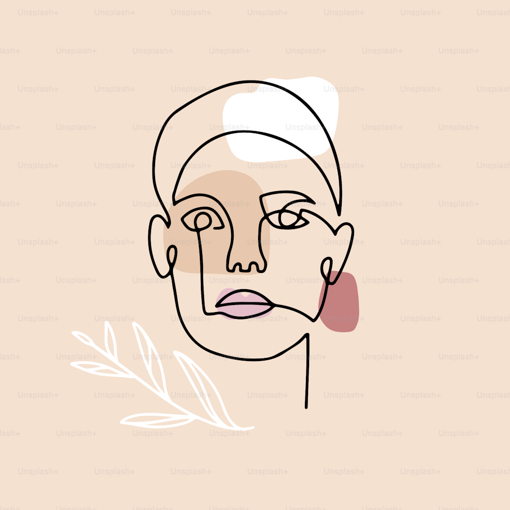 Continuous linear drawing of woman face with abstract floral elements, fashion concept, woman beauty minimalist with geometric doodle in pastel colors. One line continuous drawing.Vector illustration.