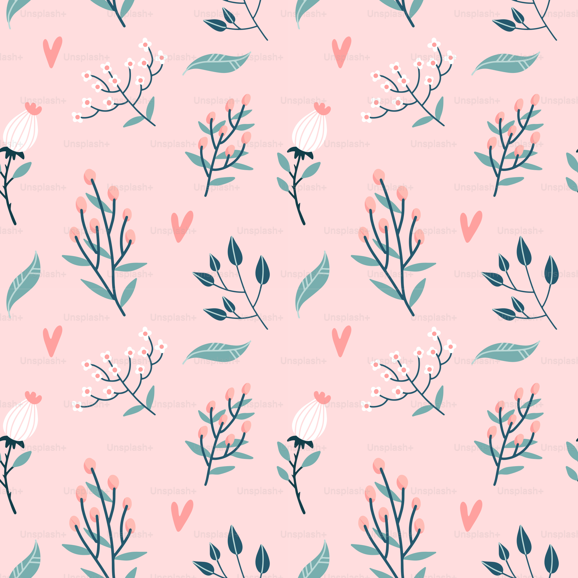 Nahtloses Blumenmuster. Gartenblüten, Äste, Knospen und Herzen auf pastellrosa Hintergrund. Rosen blühen mit Blättern und Wildblumen als dekorativer Hintergrund. Vektorflach-Illustration