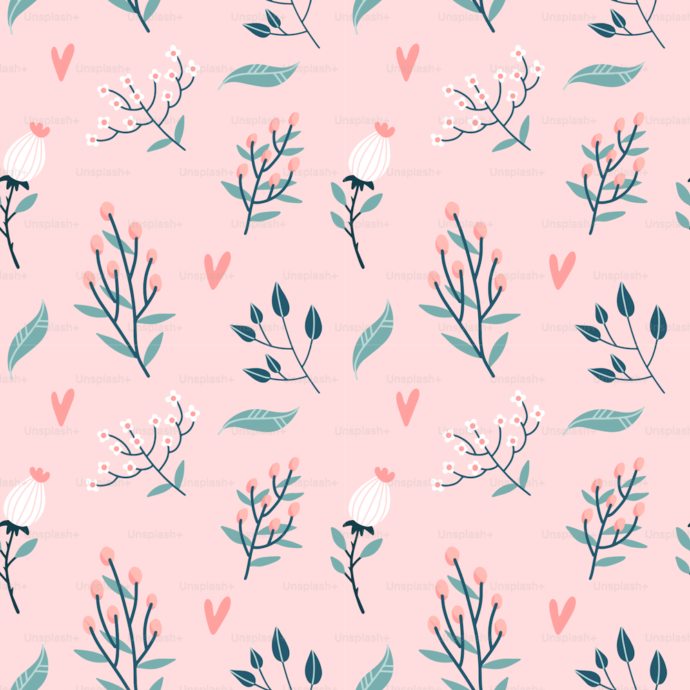 Floral seamless pattern. Garden flowers branches, buds and hearts on pastel pink background. Roses blossom bud with leaves and wildflowers twigs decorative backdrop. Vector flat illustration