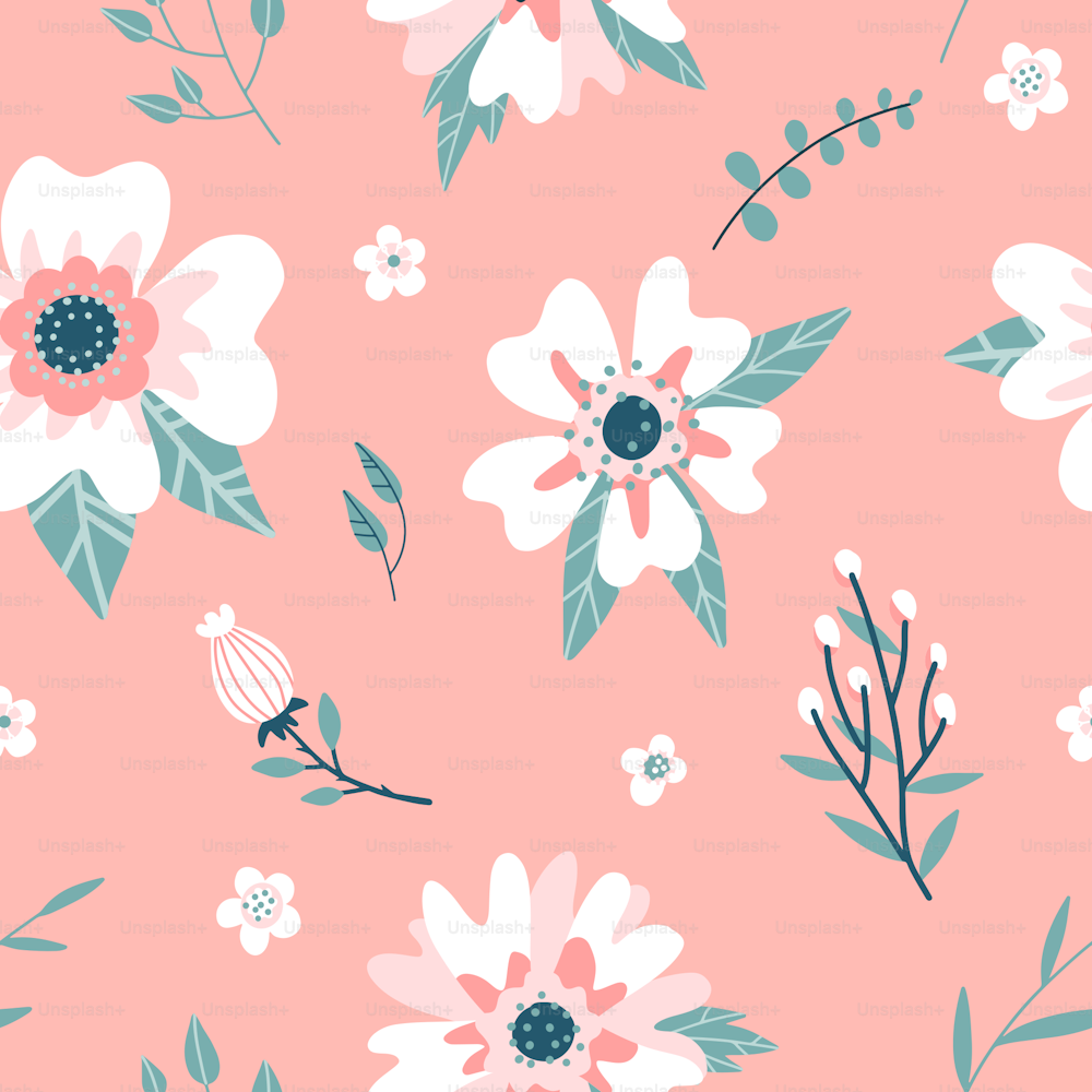 Seamless pattern with a dogrose flowers , rosehip bud and twigs . Handdrawn abstract flat hand drawn vector flora background