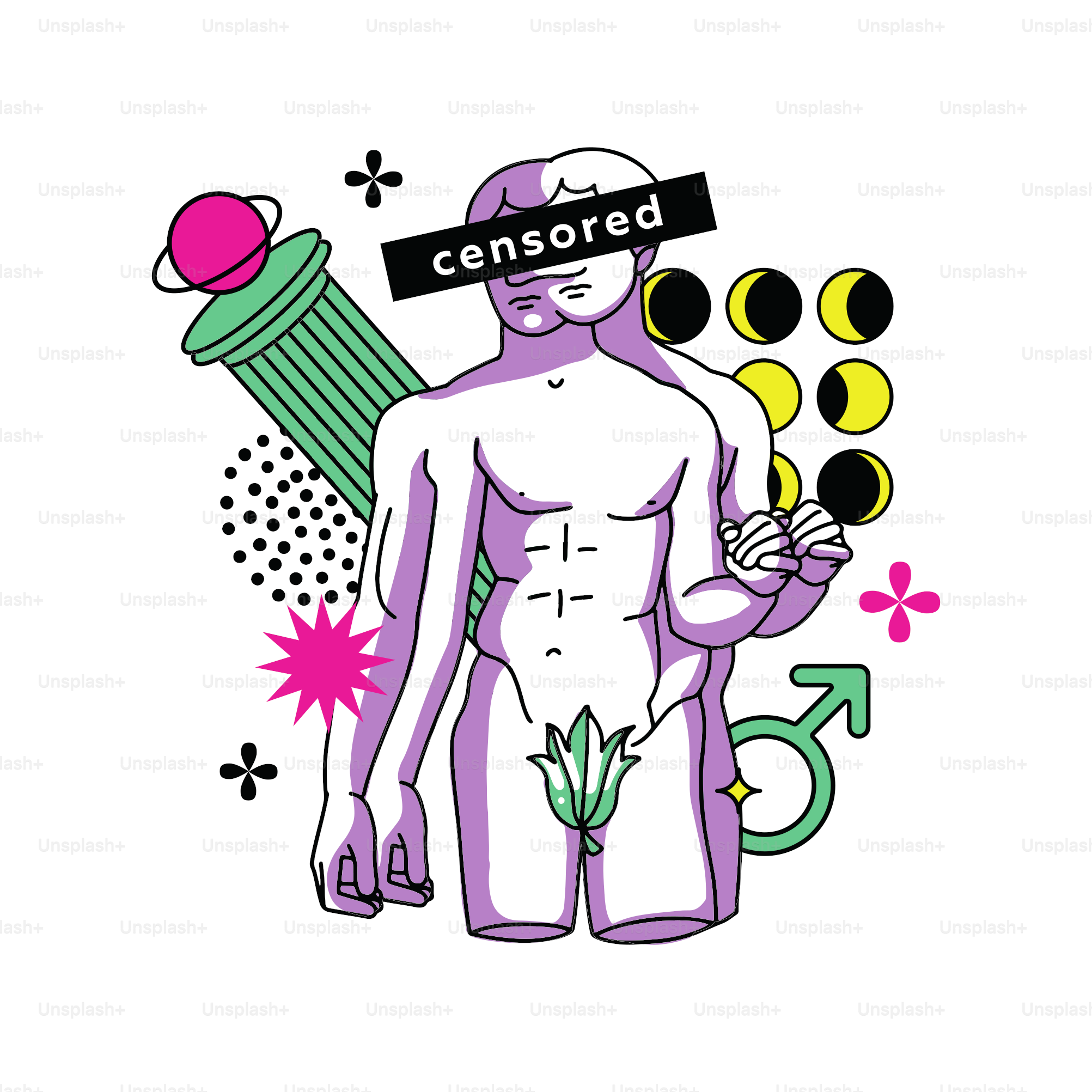 Abstract trippy Greek statue in creative psychedelic style. Fashion Y2K art. Isolated trendy collage with geometric shapes, in trendy psychedelic acid style. Neon bright colors. Vector illustration