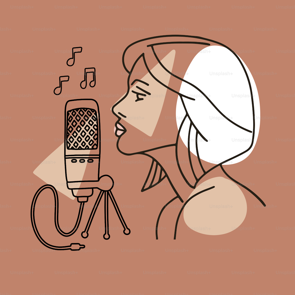 Ilustración lineal de moda de una silueta de perfil de chica cantando a un micrófono retro. Yoand mujer canta una canción. Formas abstractas con líneas en colores pastel. Imagen vectorial para avatar