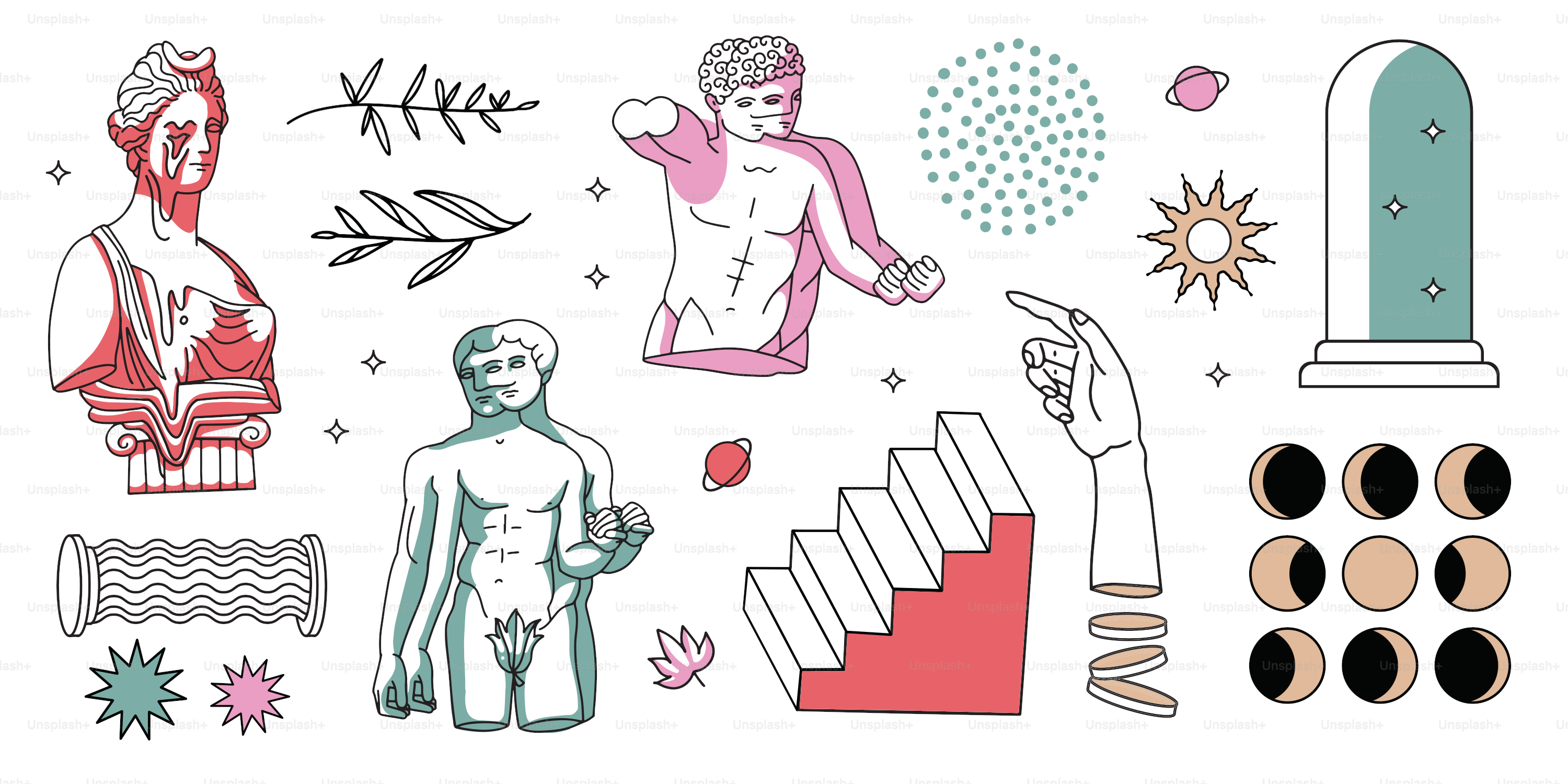 Ensemble de sculptures linéaires grecques trippi surréalistes et antiques. Illustration vectorielle en courbes de niveau avec des taches et ombres abstraites. Des émoticônes psychédéliques dans le style des années 1990. Éléments de silhouettes de l’an 2000