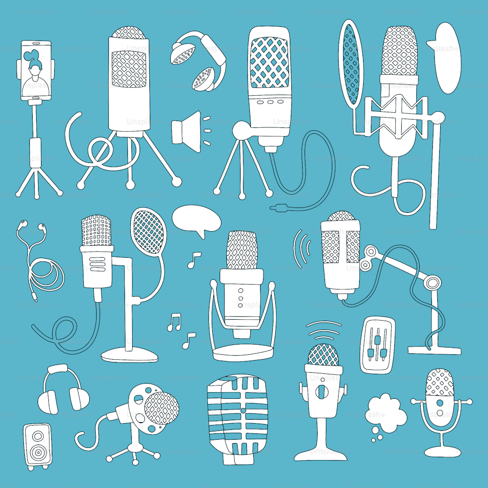 Set of Different microphones isolated on color background. Old studio , table and radio mic. Retro Vintage hand drawn doodle comics style vector illustration. doodle collection..