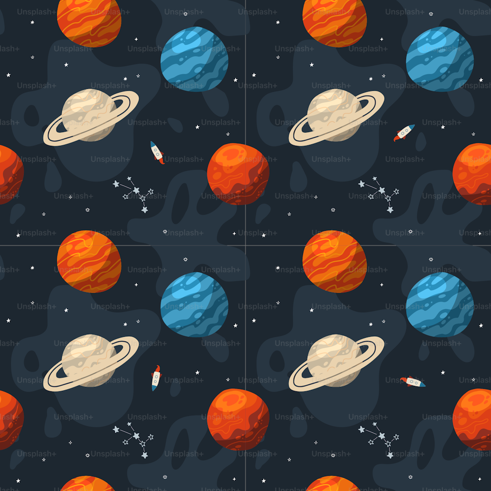 Seamless galaxy pattern with constellations and planets. Cosmic flat vector illustration, hand drawn endless background