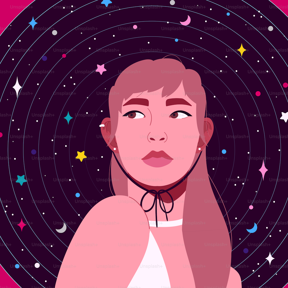 Fashionable girl on a background of stars. A headdress with a space pattern. Astrology and esoterics. Trendy vector cartoon illustration. Flat design.