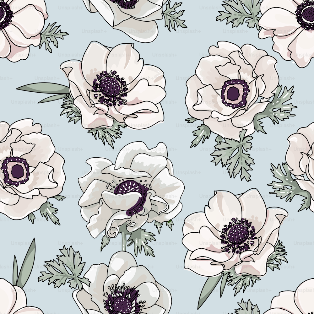 Gentle floral pattern with light biege spring flowers Anemone in vintage watercolor style on light blue background. Vector hand drawn outline sketch seamless illustration
