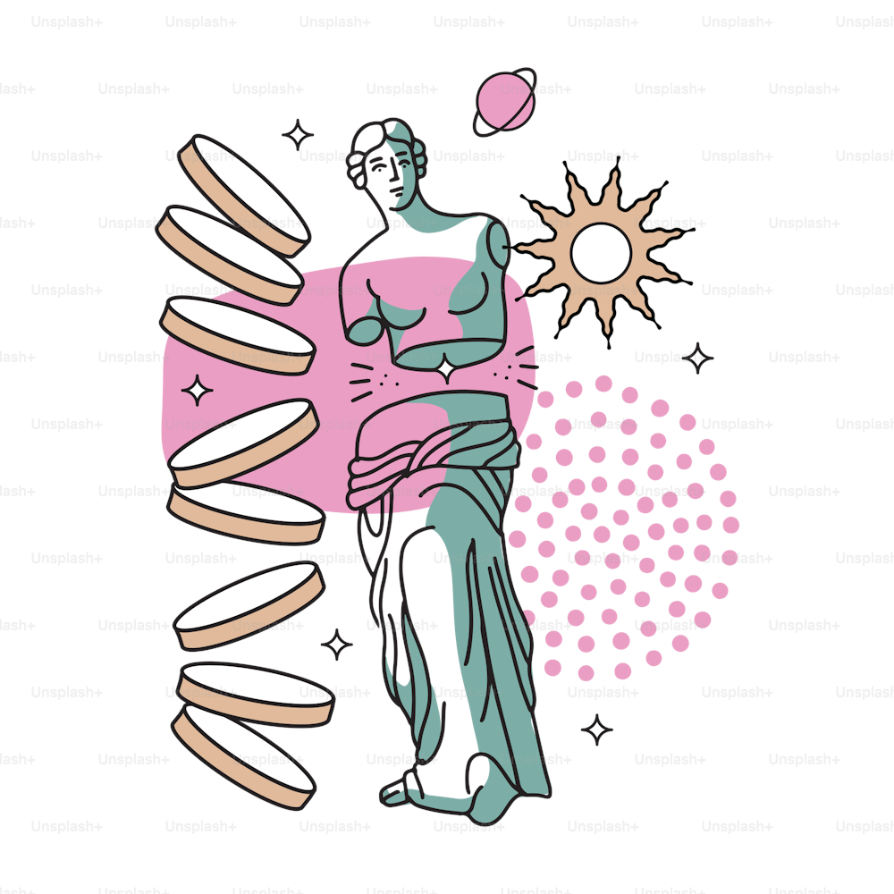 Isolated concept with Female Silhouette of Greek trippi sculpture. Surreal and antique statue with abstract shapes and cosmic elements. Linear vector illustration with abstract spots Y2K style of the 1990s