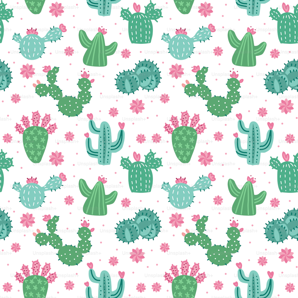 Cute cacti in flowerpots. Seamless pattern with potted cactus. Edited elements. Flat hand drawn doodle vector illustration