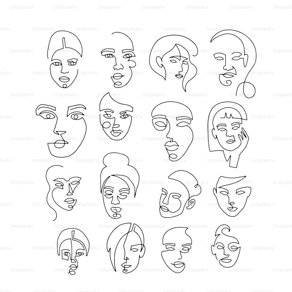 Set linear woman portraits. Continuous linear silhouette of female face. Outline art hand drawn of avatars girls. Linear vector glamour logo in minimal style