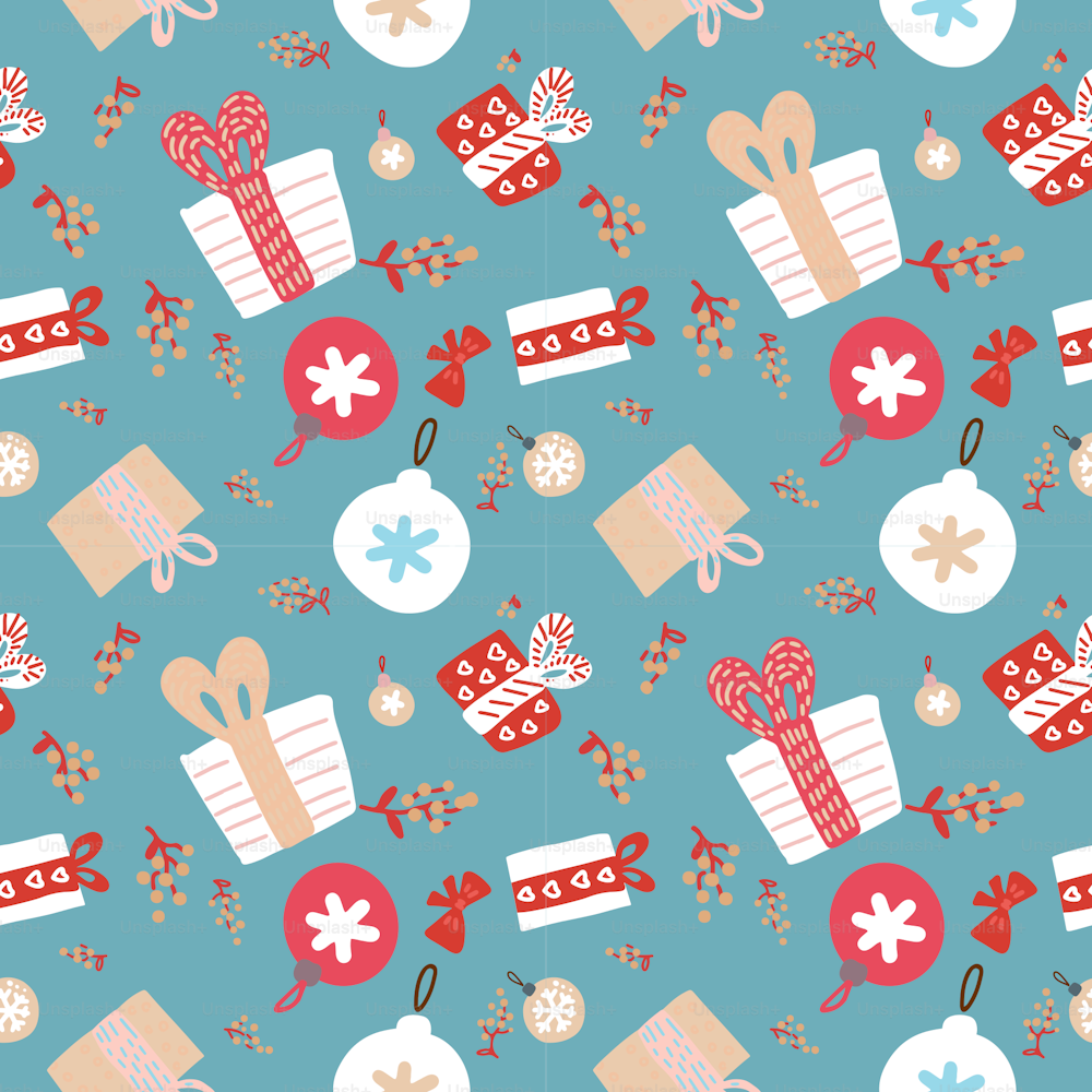 Christmas background with ornaments, stars, snowflakes, balls, gift boxes, seamless tiling, great choice for wrapping paper pattern. Red, blue and white pattern