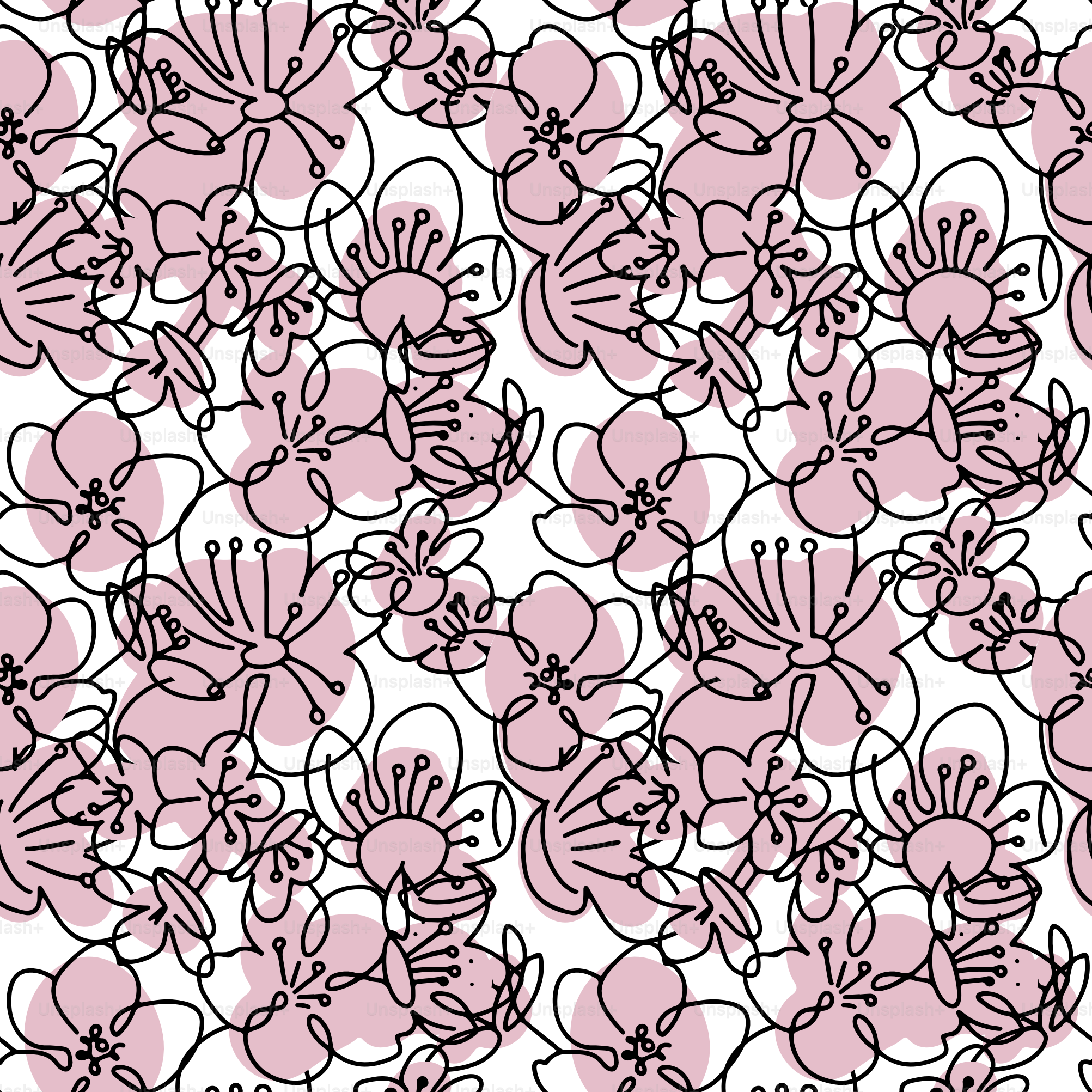 Nahtloses Muster mit linearen Silhouetten aus rosa Kirschblüten auf weißem Hintergrund. Frühlingsblüte. Modernes abstraktes Design für Papier, Einband, Stoff, Inneneinrichtung.