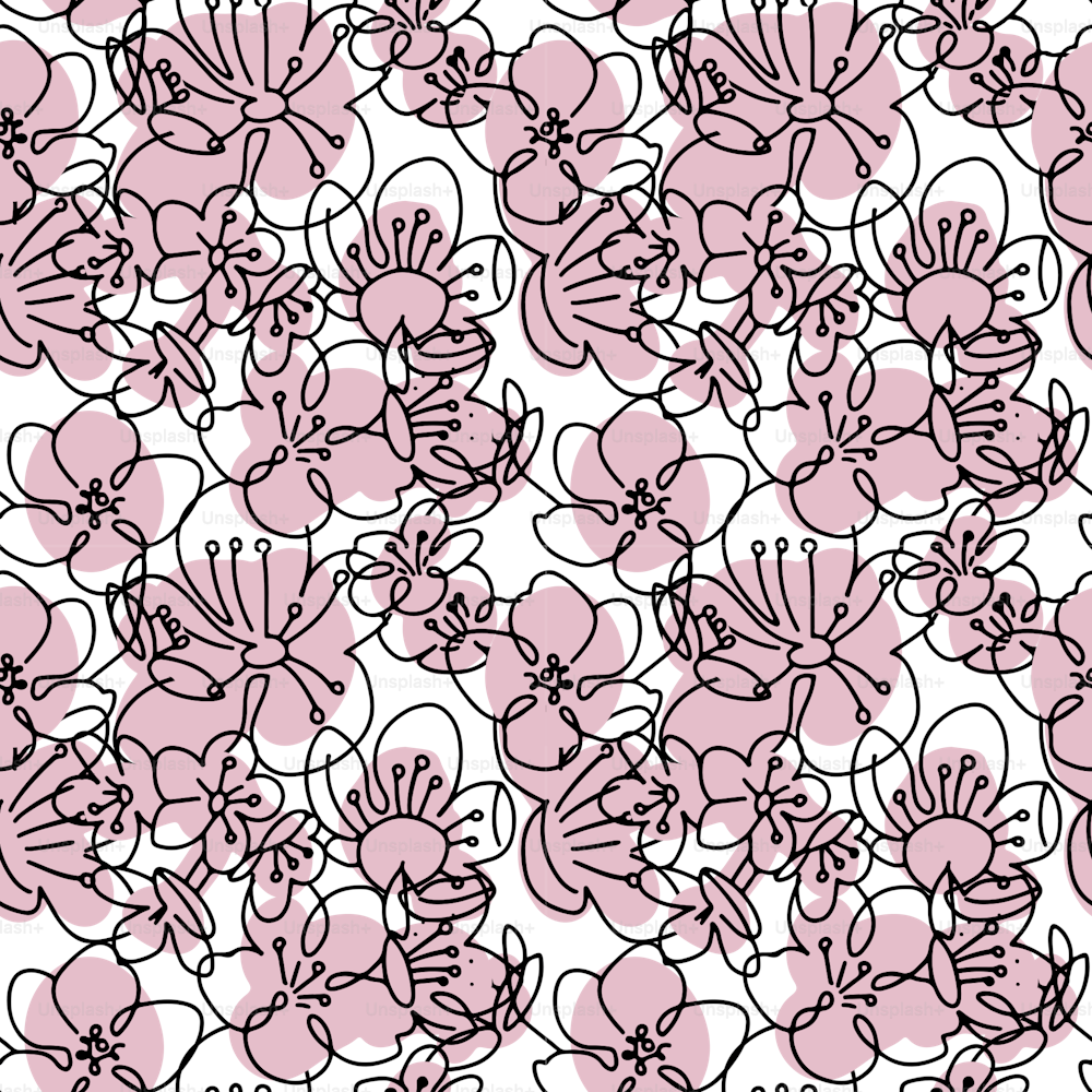Patrón sin costuras con siluetas lineales de flores de cerezo rosa sobre un fondo blanco. Flor de primavera. Diseño abstracto moderno para papel, cubierta, tela, decoración de interiores.