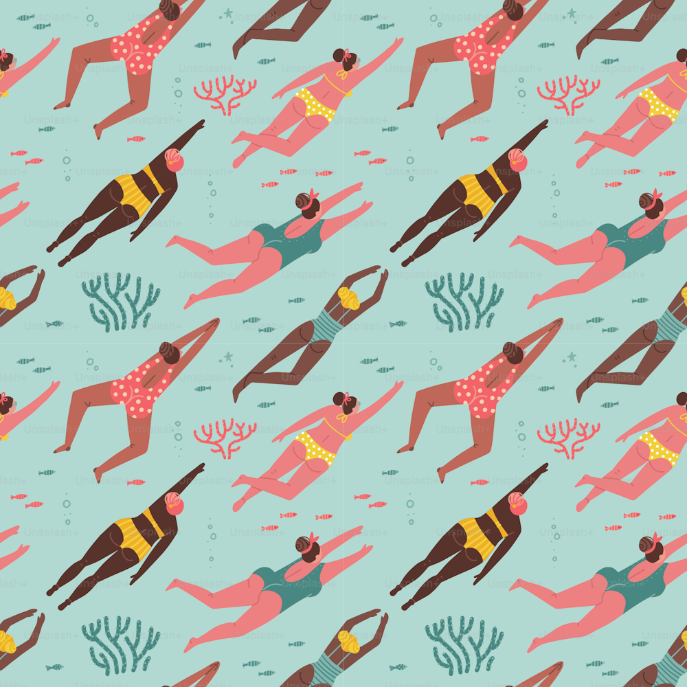 Patrón sin costuras de playa de verano. Mujeres bonitas nadando en el mar. Ilustración plana vectorial dibujada a mano con nadadoras