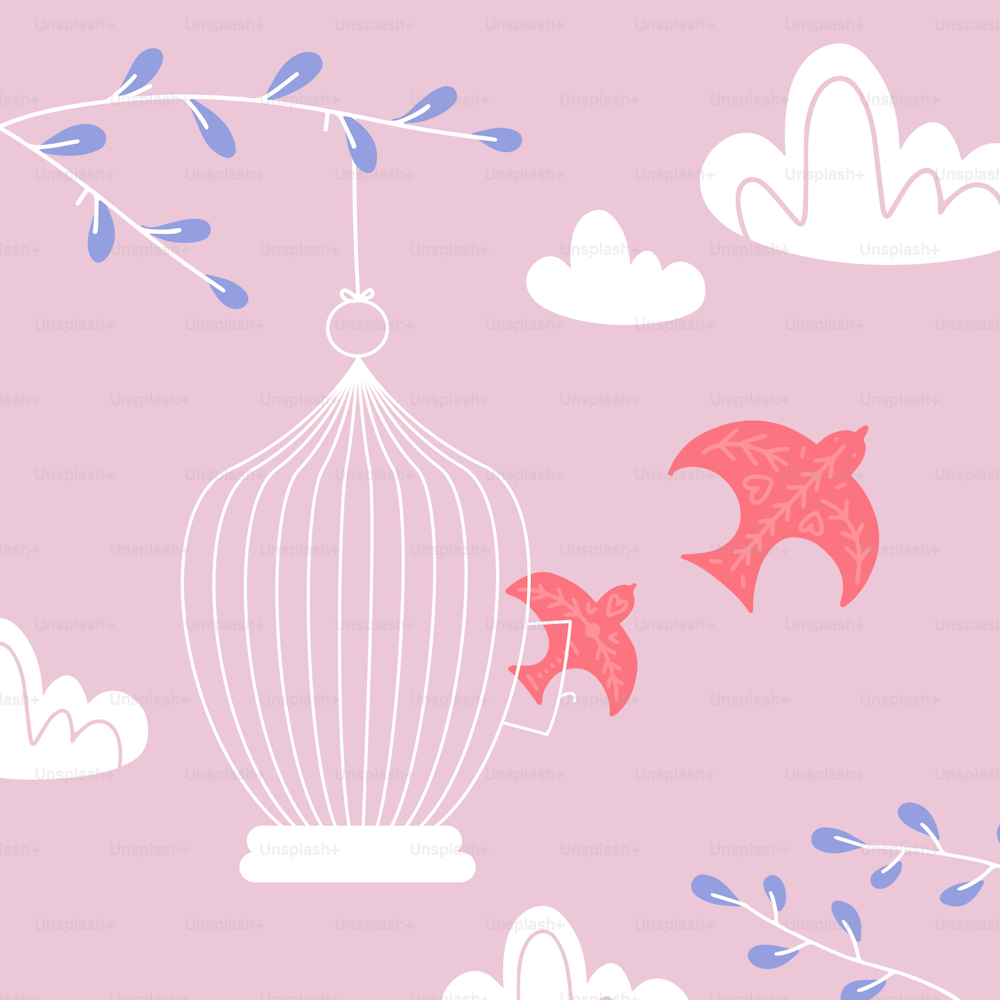Freiheitskonzept Valentinstagkarte. Vögel aus den Käfigen. Romantischer Blumenhintergrund in rosa Farben. Frühlingsvögel, die auf dem Ast fliegen. Flache Vektorillustration