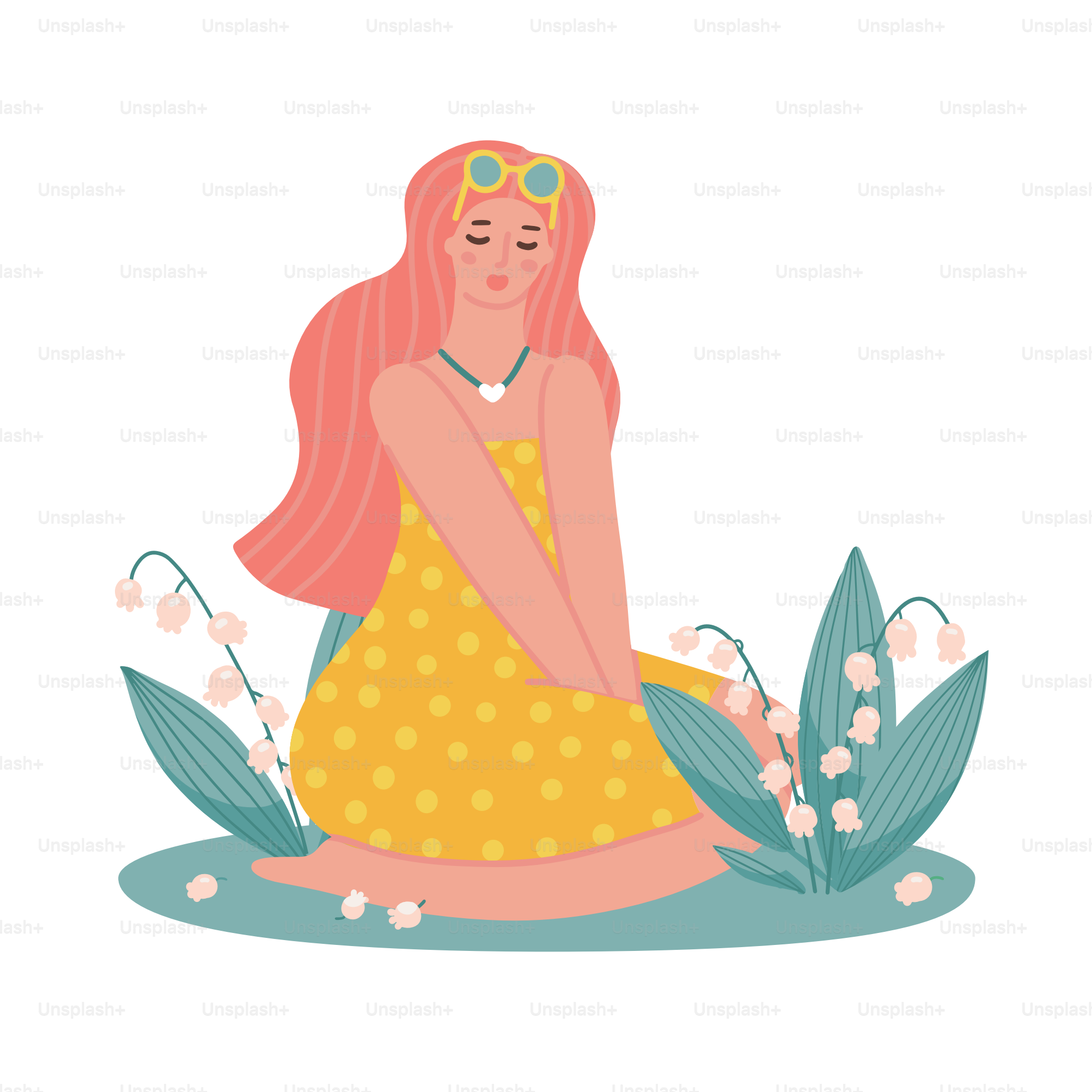 Young woman sitting surrounded by lilies of the valley on a lawn. Cute girl in summer dress with small white flowers. Flat hand drawn cartoon vector illustration