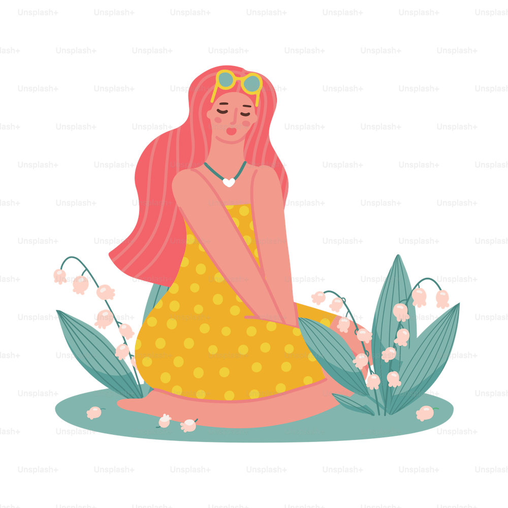 Young woman sitting surrounded by lilies of the valley on a lawn. Cute girl in summer dress with small white flowers. Flat hand drawn cartoon vector illustration