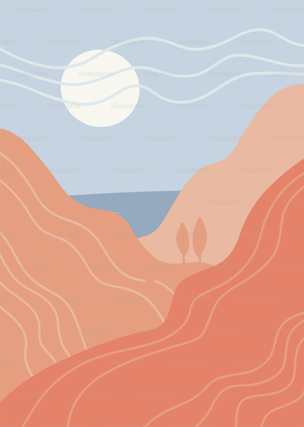 Paisaje de arte abstracto minimalista. Panorama de las montañas, el mar y el sol blanco y caliente. Gráficos planos vectoriales dibujados a mano