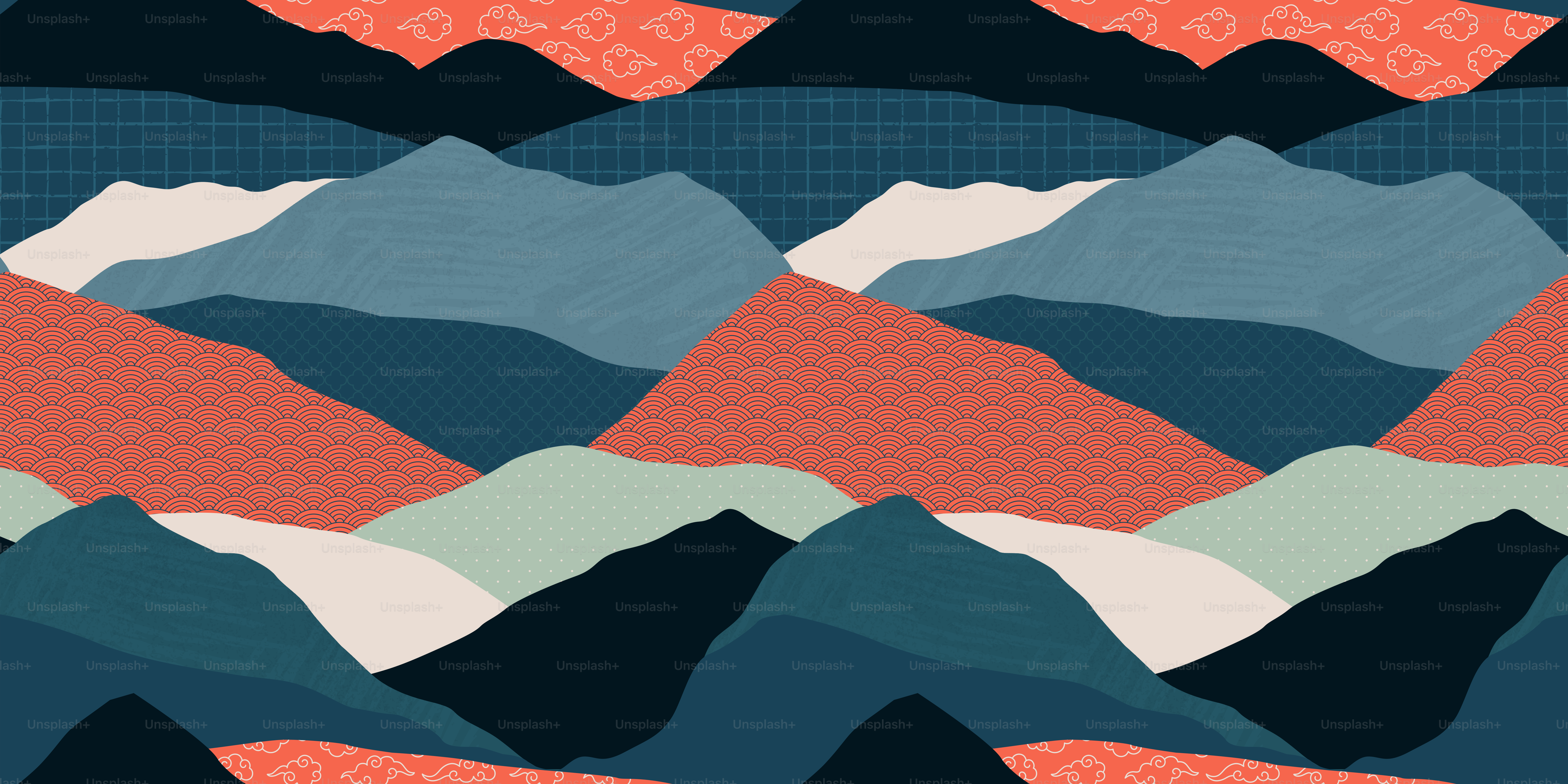 Farbenfrohe, nahtlose Musterillustration der Berglandschaft. Abstrakter Hill-Nature-Hintergrund in Vintage-Farben. Panorama-Reisekulisse, mehrfarbige Outdoor-Textur-Konzept.